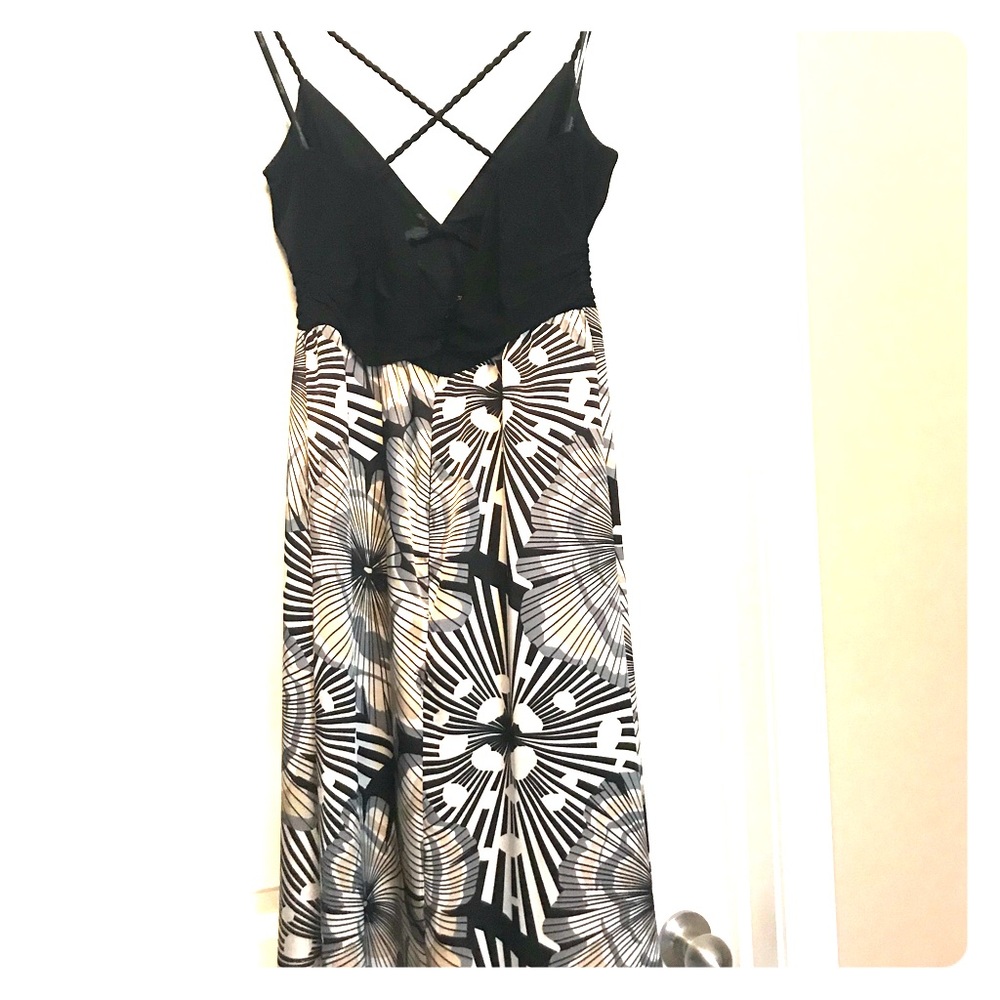 Strappy black and silver dress, satin skirt